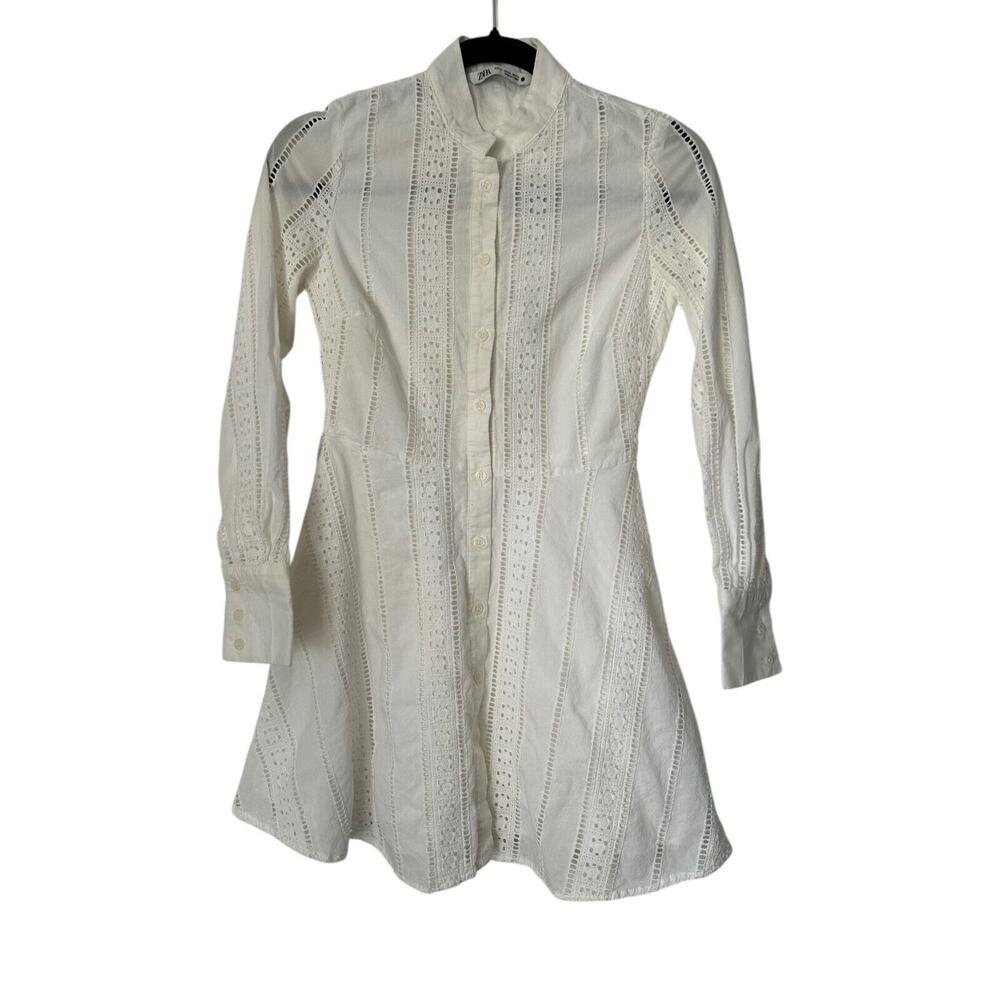 Zara Shirt Dress Size XS White‎ Eyelet Long Sleeve A-Line Button Front No Belt